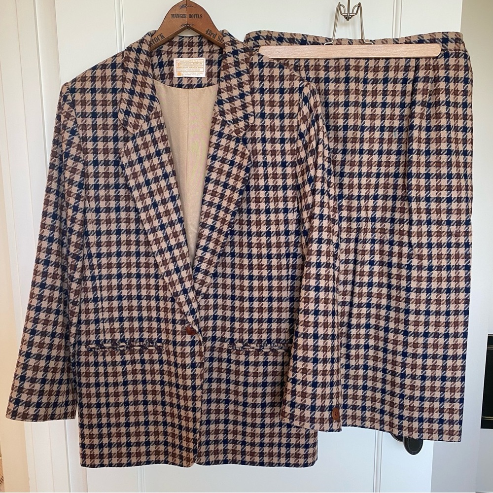 Pendleton Wool Houndstooth Blazer and Skirt Set in Brown and Navy Blue